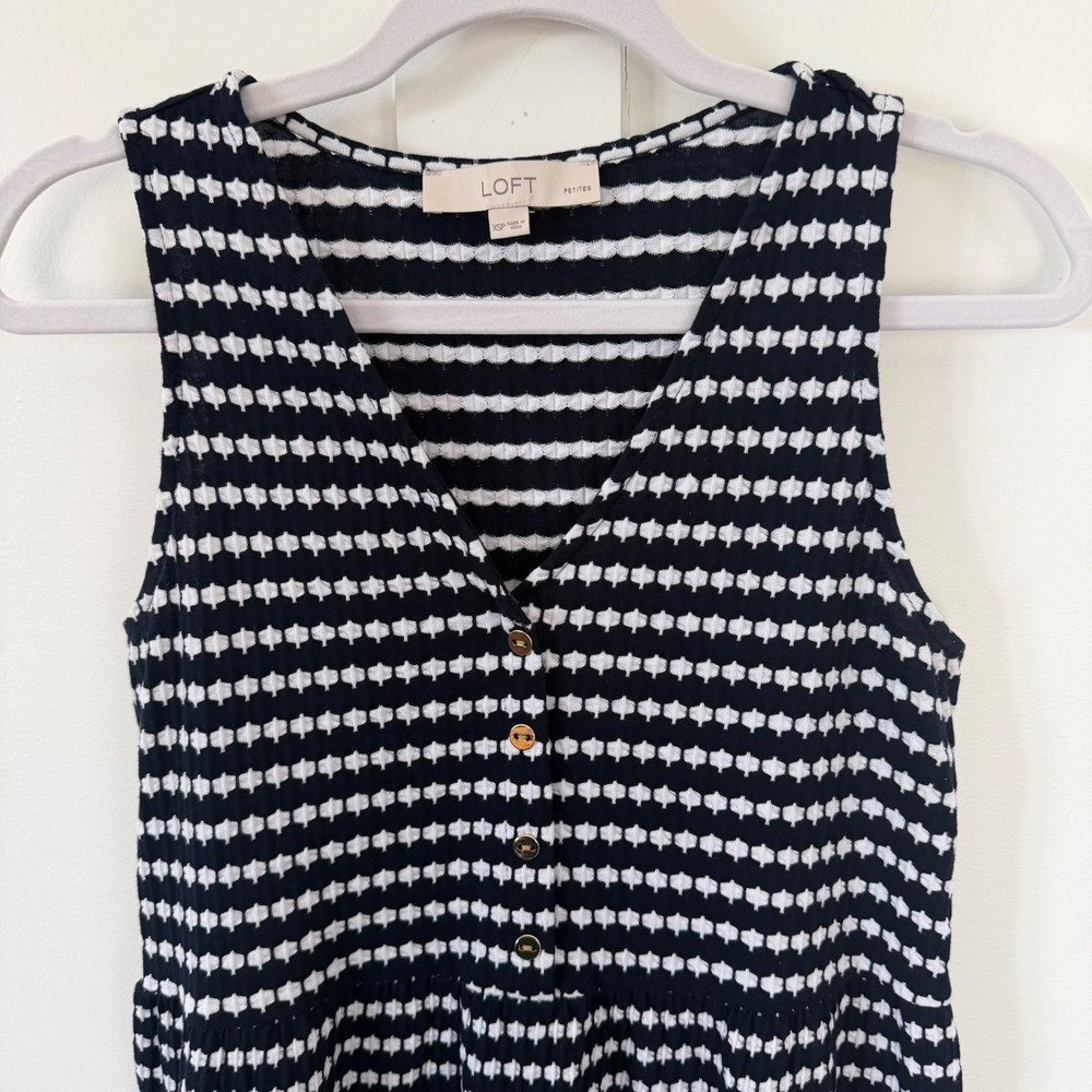 Loft Jacquard Dress Navy Blue White Button V-Neck Sleeveless Dress XSP XS Petite - Picture 4 of 14